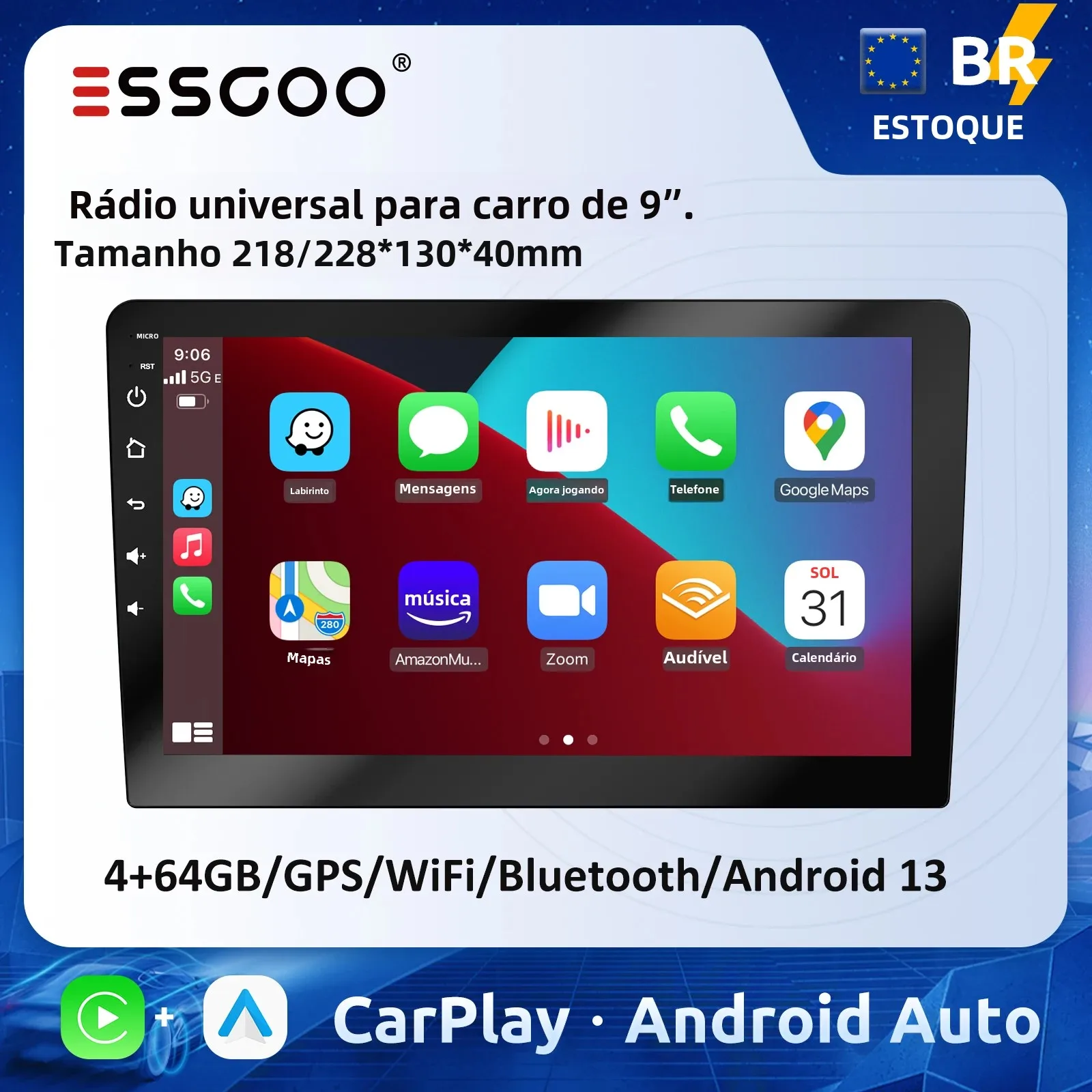 ESSGOO 9' reprodutor multimídia de carro com Android Auto CarPlay Universal WiFi GPS sistema de rádio estéreo de carro inteligente