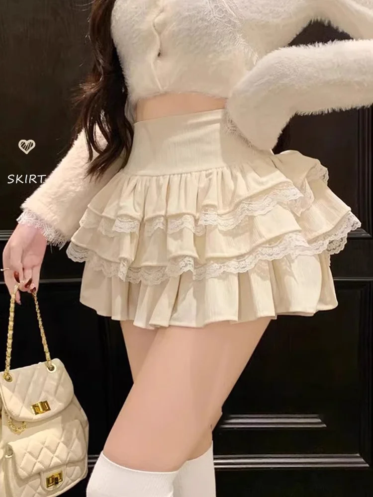 

Облегающая юбка трапециевидной формы, женская пышная кружевная юбка с высокой талией, корейская повседневная юбка-тортик