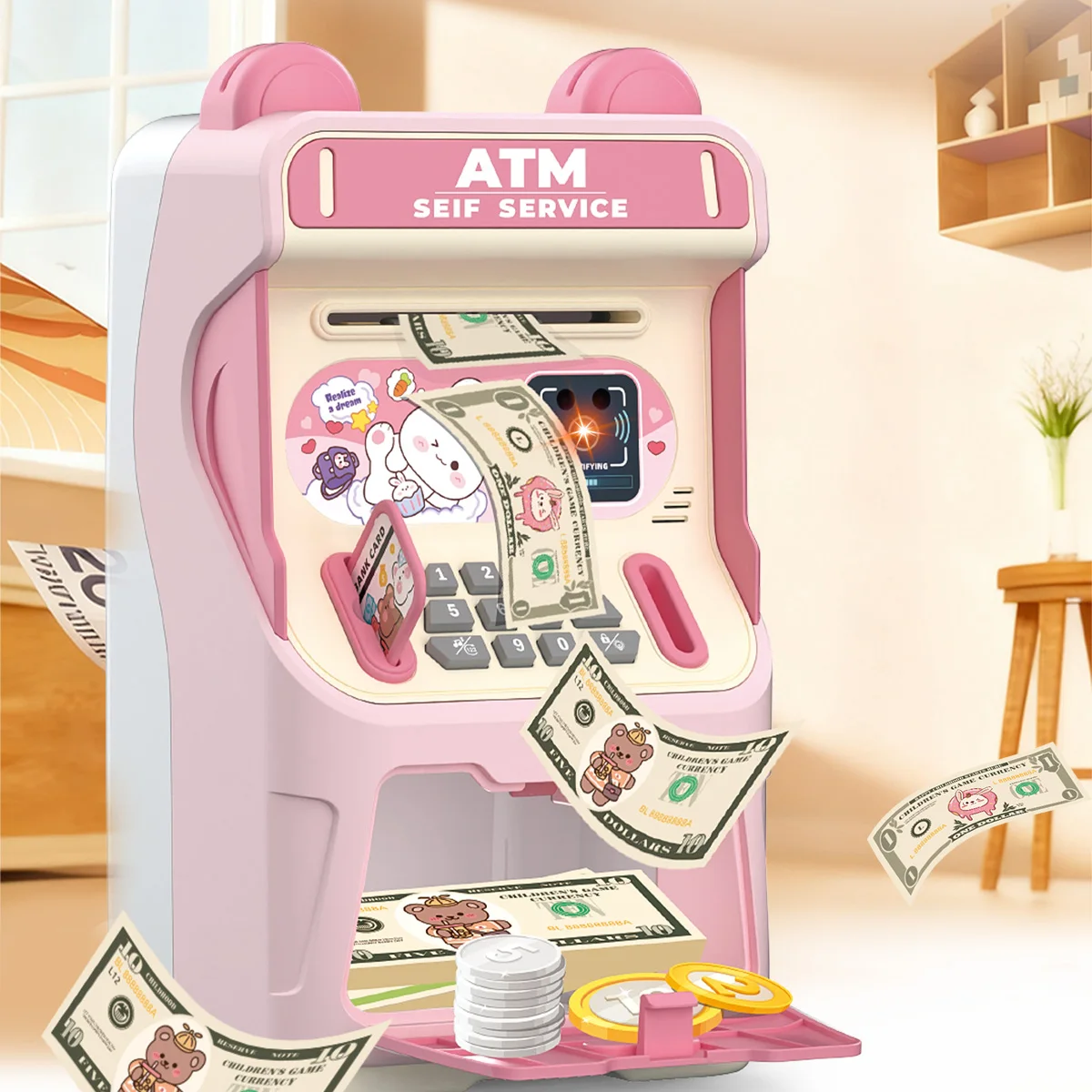 Electronic ATM Piggy Bank, Saving Money Box Password Unlock Large Capacity Storage Gifts for Kids, Not Include Battery