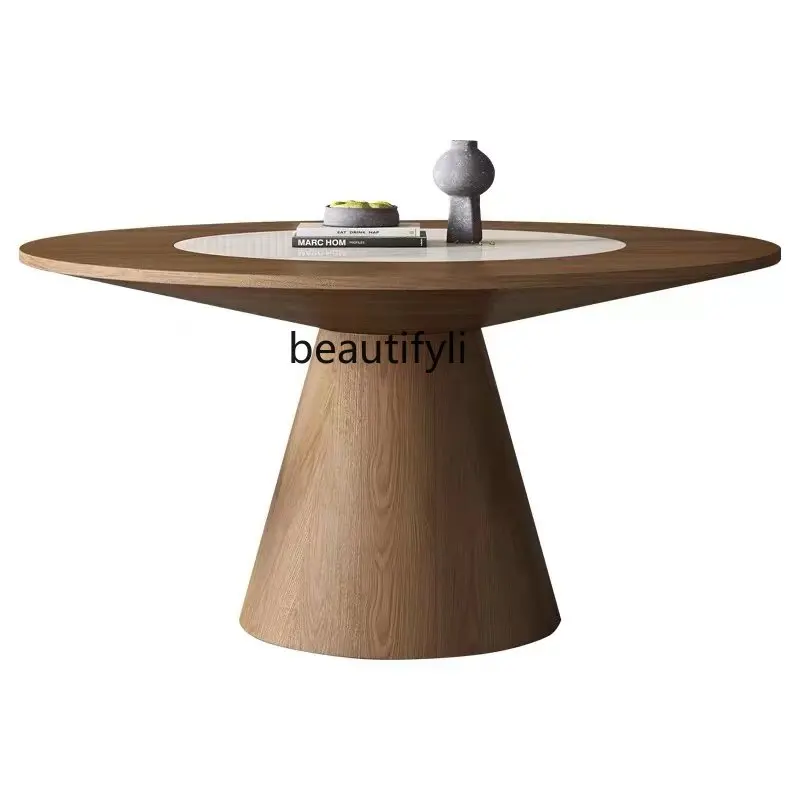 

Italian Large round Table Solid Wood Dining Tables and Chairs Set Household Dining Table with Embedded Stone Plate Turntable