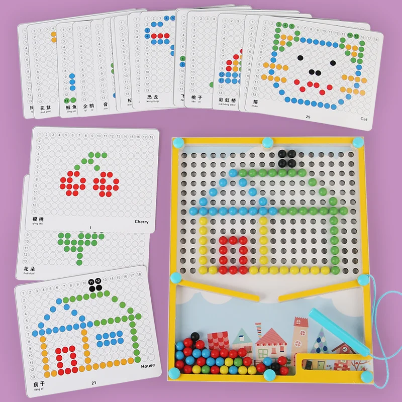 Magnetic Bead Drawing Board for Kids Montessori Educational Toy Colorful Magnet Ball Doodle Tablet with Pattern Cards Fine Motor