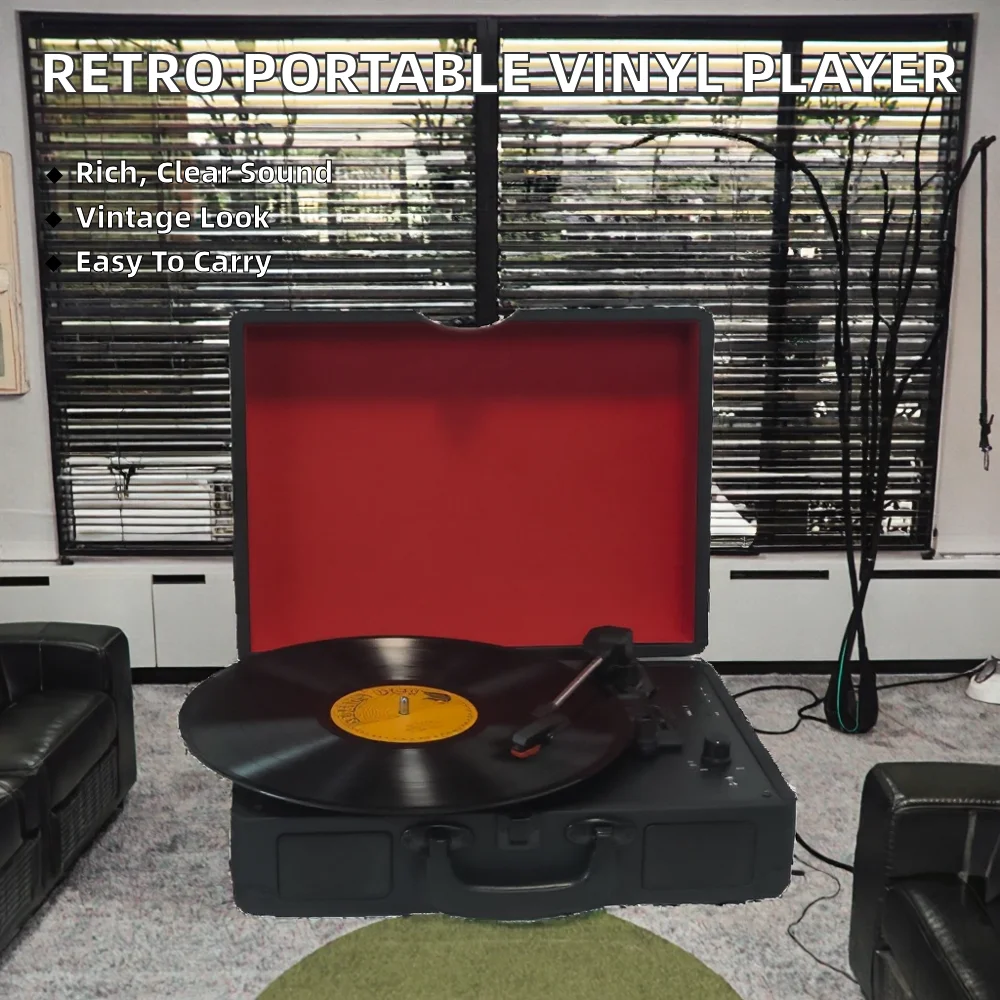 High Quality Plastic Portable LP Vinyl Player Retro Vintage Turntable with 3 Speeds and Speakers Black Record Player