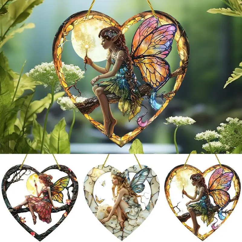 Fairy Angel Colorful Art Flower Sun Catcher Stained Window Hanging Heart Shape Acrylic Pendant for Home Garden Wall Ornament