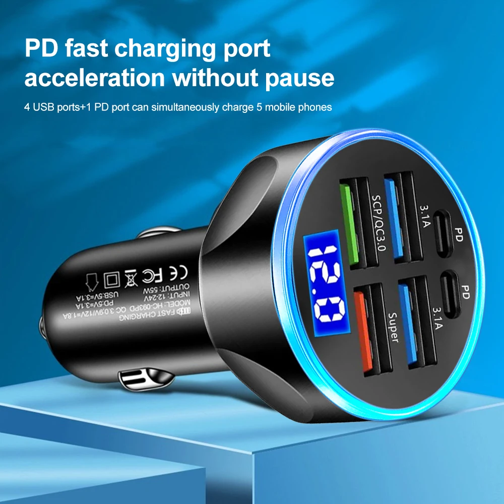 250W Pd Autolader Qc3.0 Snel Opladen Één Tot Zes Auto Sigarettenaansteker Plug 5 Poorts Autolader Flitslading Met Digitaal Display