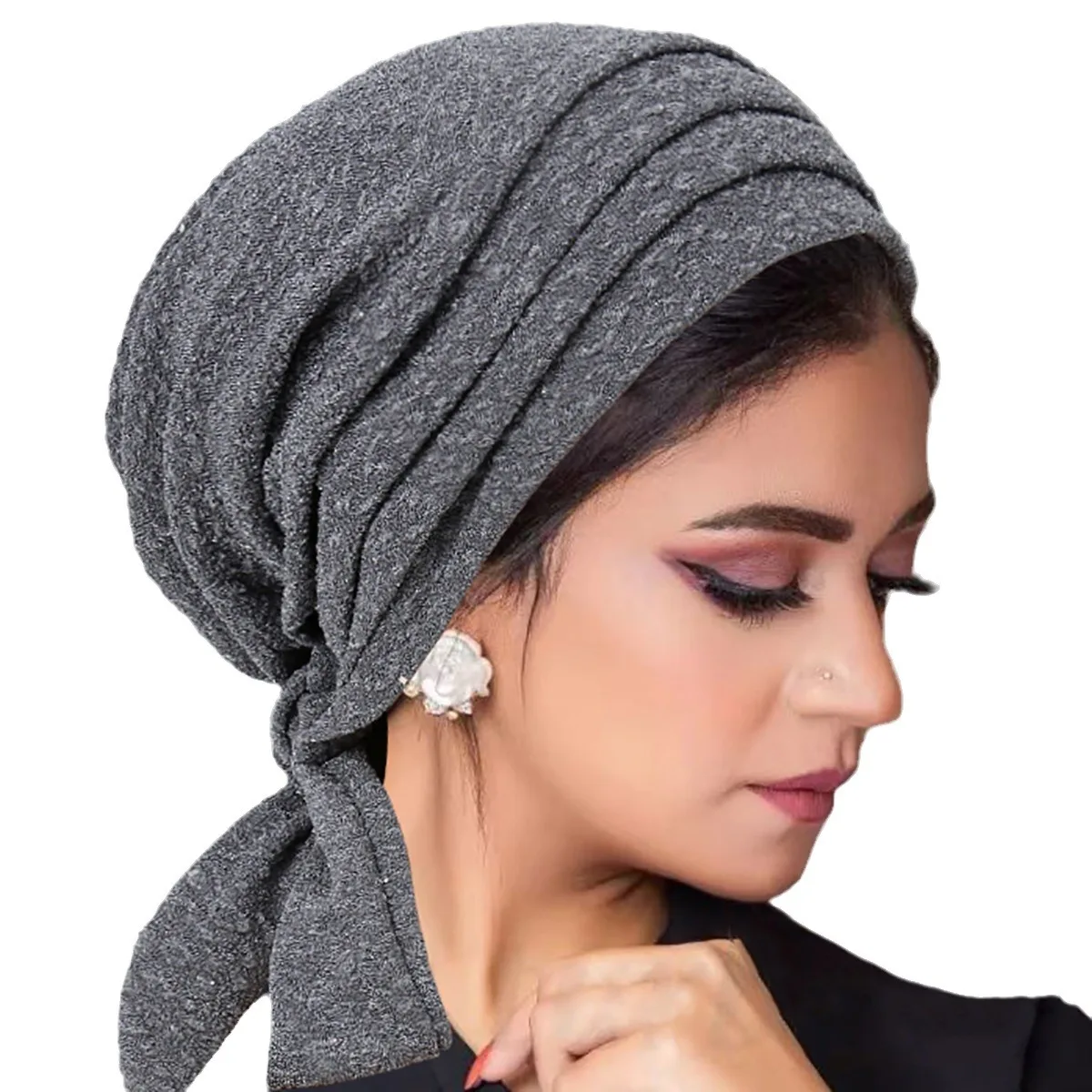 Nuevo gorro turbante de cola larga de cuatro barras con hilo en polvo, gorro de quimioterapia para mujer, gorro de cola larga con dos barras