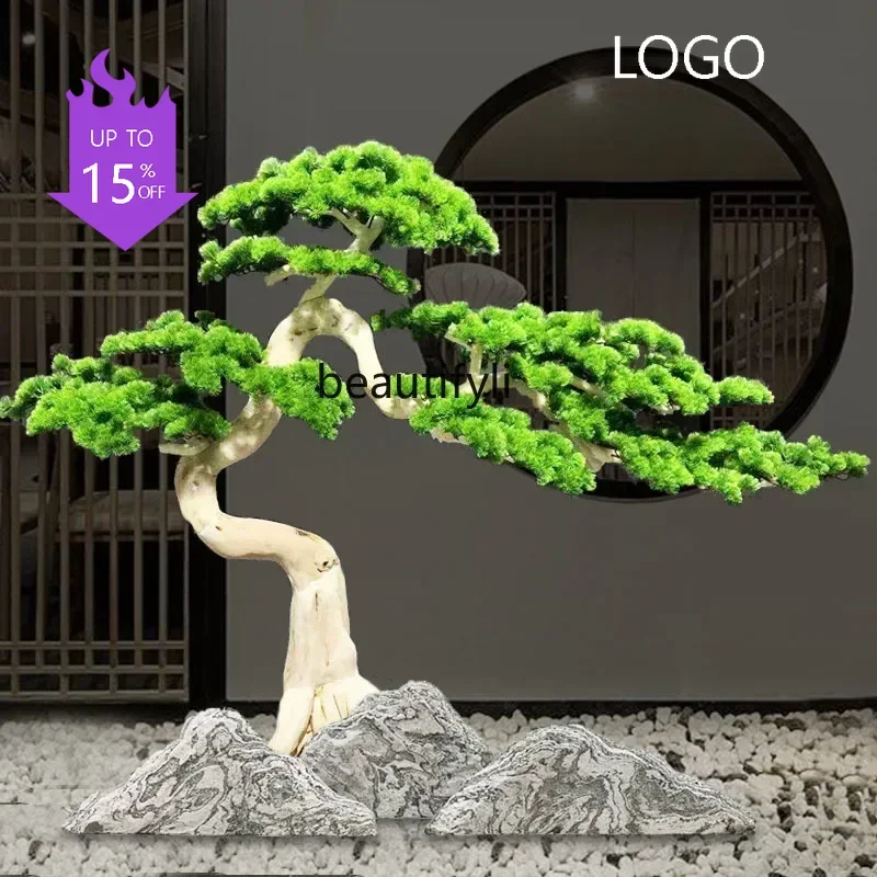 P Large simulated pine wood carving cedar Chinese clubhouse welcome pine ornament exhibition hall decoration