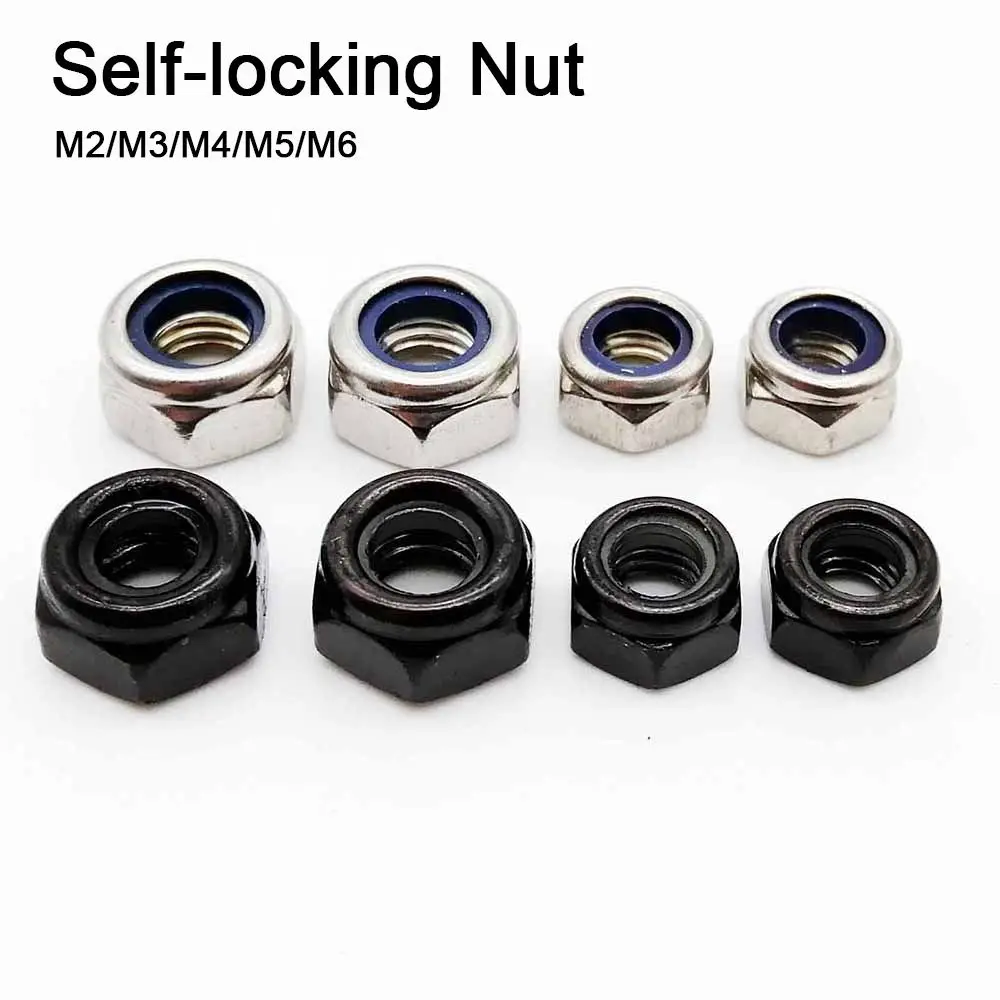 10pcs 304 Stainless Steel Self-locking Nut M2 M3 M4 M5 M6 Hex Nylon Locknut Black Silver Hardware Accessory Insert Lock Nut
