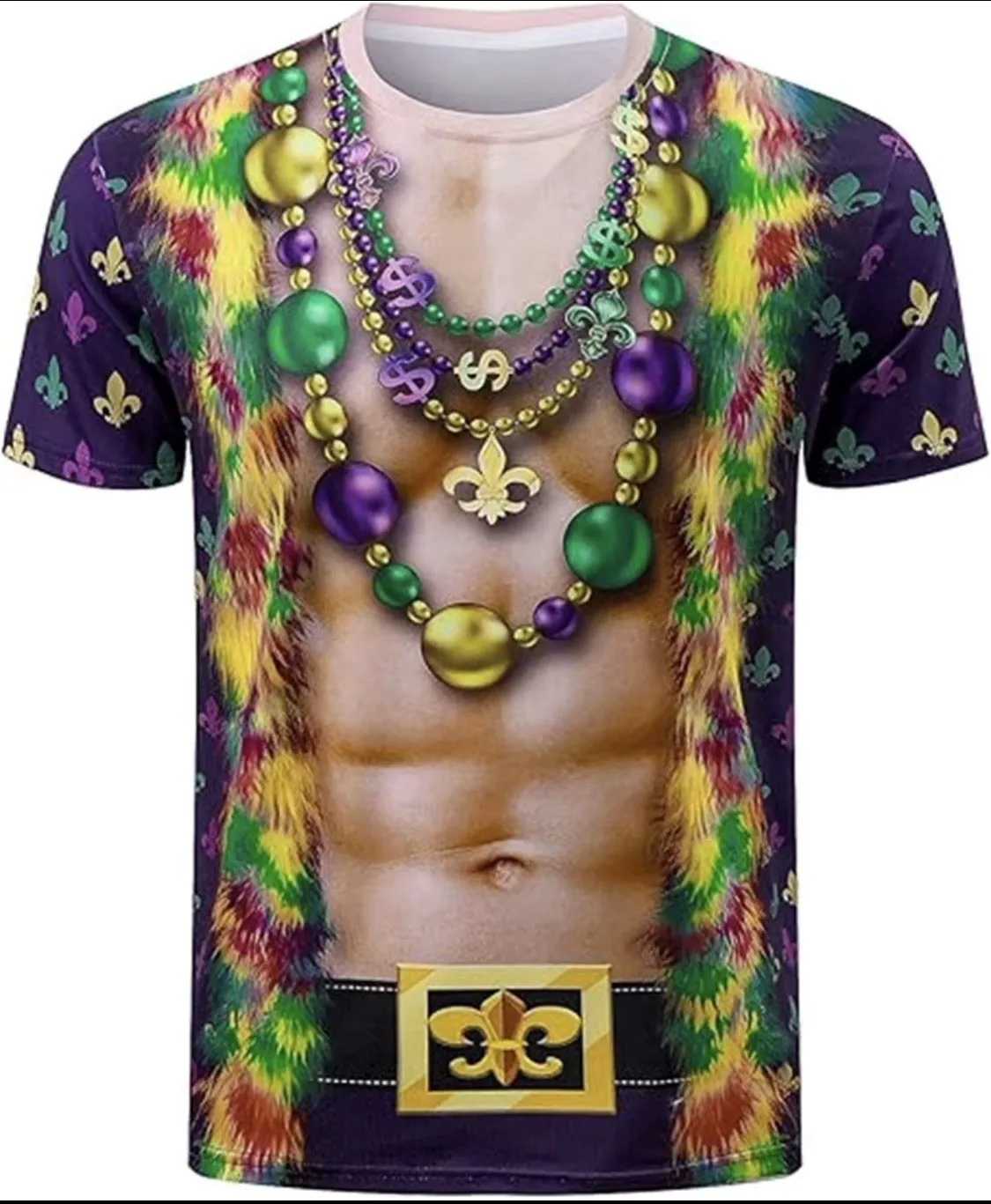 2026 Mardi Gras 3D Visual Print T-Shirt, Fake Muscle Bead Necklace Graphic Tee, Unisex Summer Loose Carnival Party Casual Tops
