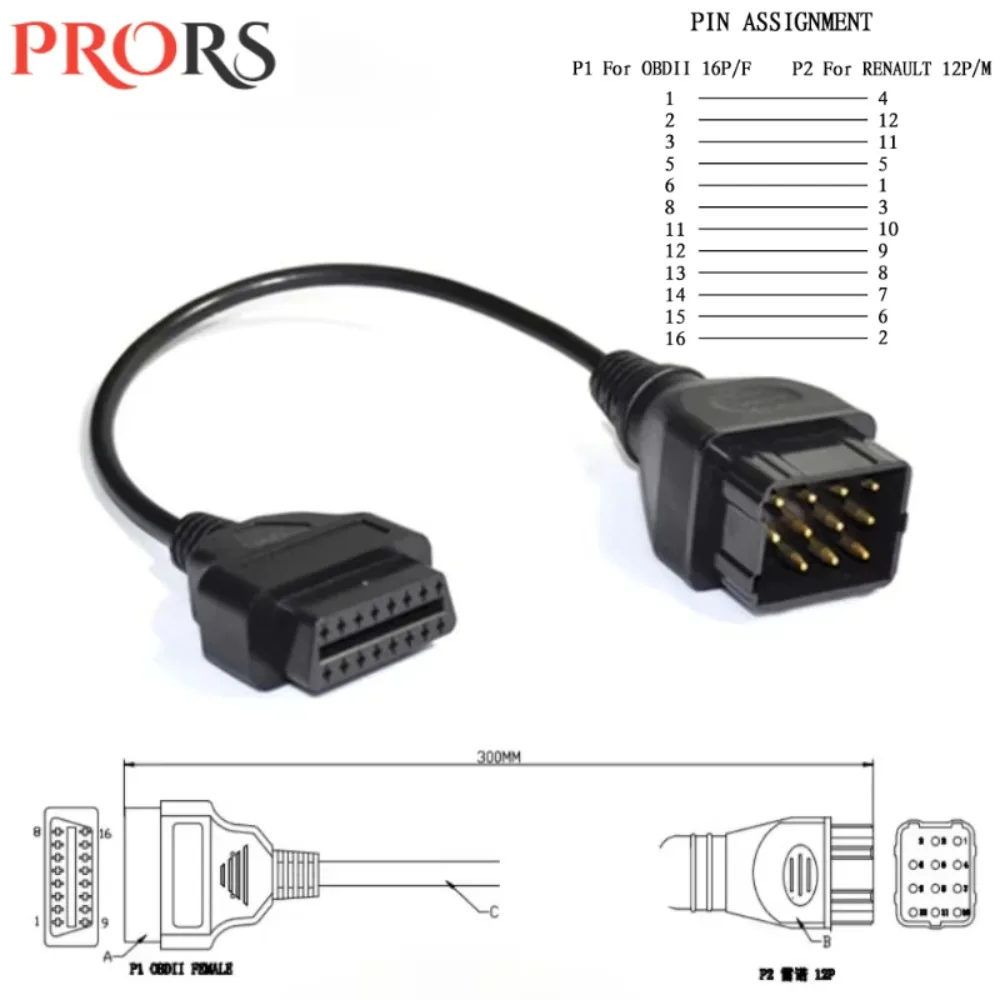 New for Renault Truck OBD OBD2 DLC 16Pin for Renault 12Pin Connector Adapter Truck Diagnostic Extension Conversion Autel Cable