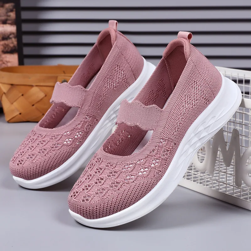 Mesh Summer New Knitted Fashionable Flat ShoesLightweight And ComfortableForMothersCasual AndNonSlip ShoesForMiddle-aged And Eld