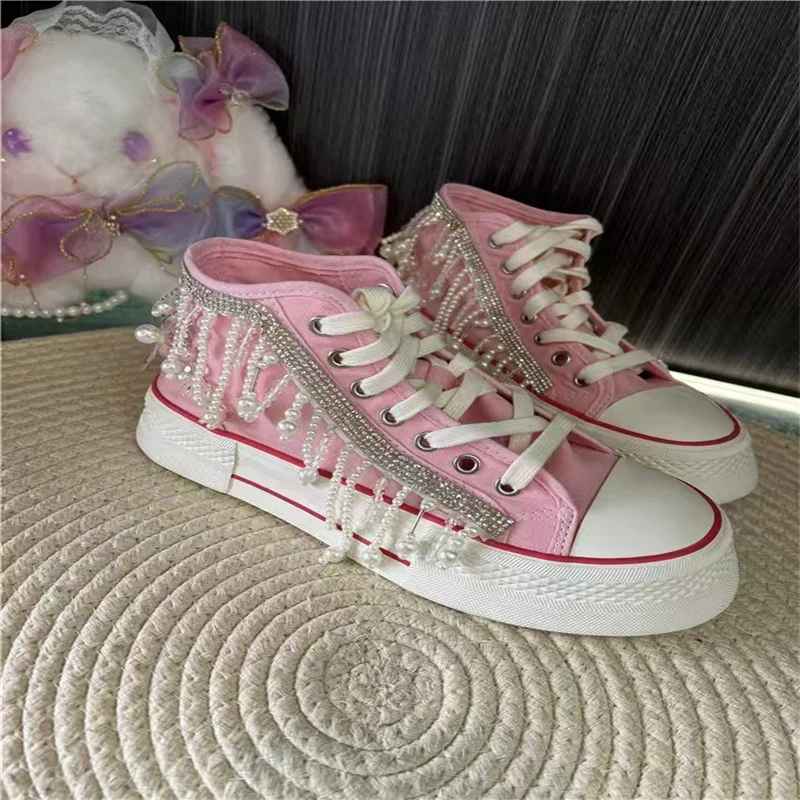 

Hand-made pearl fringe rhinestone canvas shoes large size high top pink casual sports women's shoes 35-44
