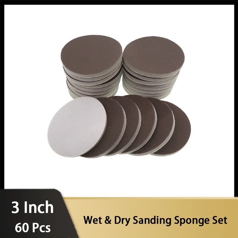 

3 Inch 75MM Sanding Sponge Set 60 Pcs 600 - 1200 Grit Hook and Loop Sanding Disc Wet Dry Polishing for Car Wood Drywall Metal