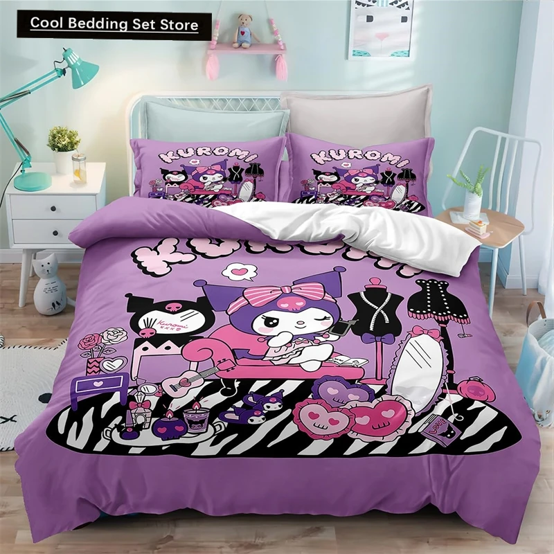 3 Pcs Kuromi Bedding Set Printed Duvet Cover Set Printed Bed Comforter Cover Quilt Covers with Pillowcases for Your Own Bedroom