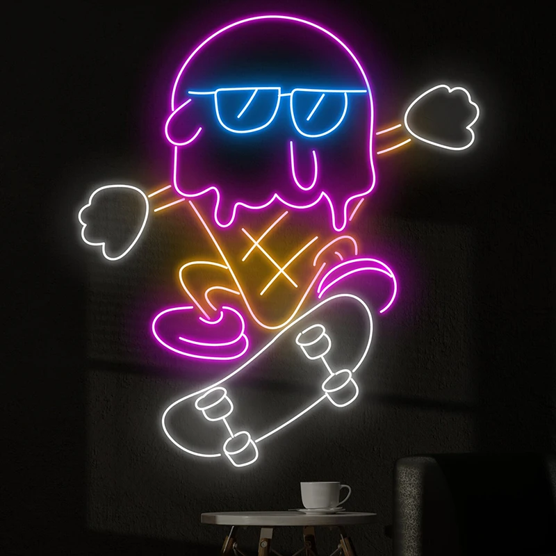 Enseigne au néon LED Ice Cream Skateboarding, faite à la main, personnalisée, décoration murale, chambre de skateboard, PRCoffee Bar