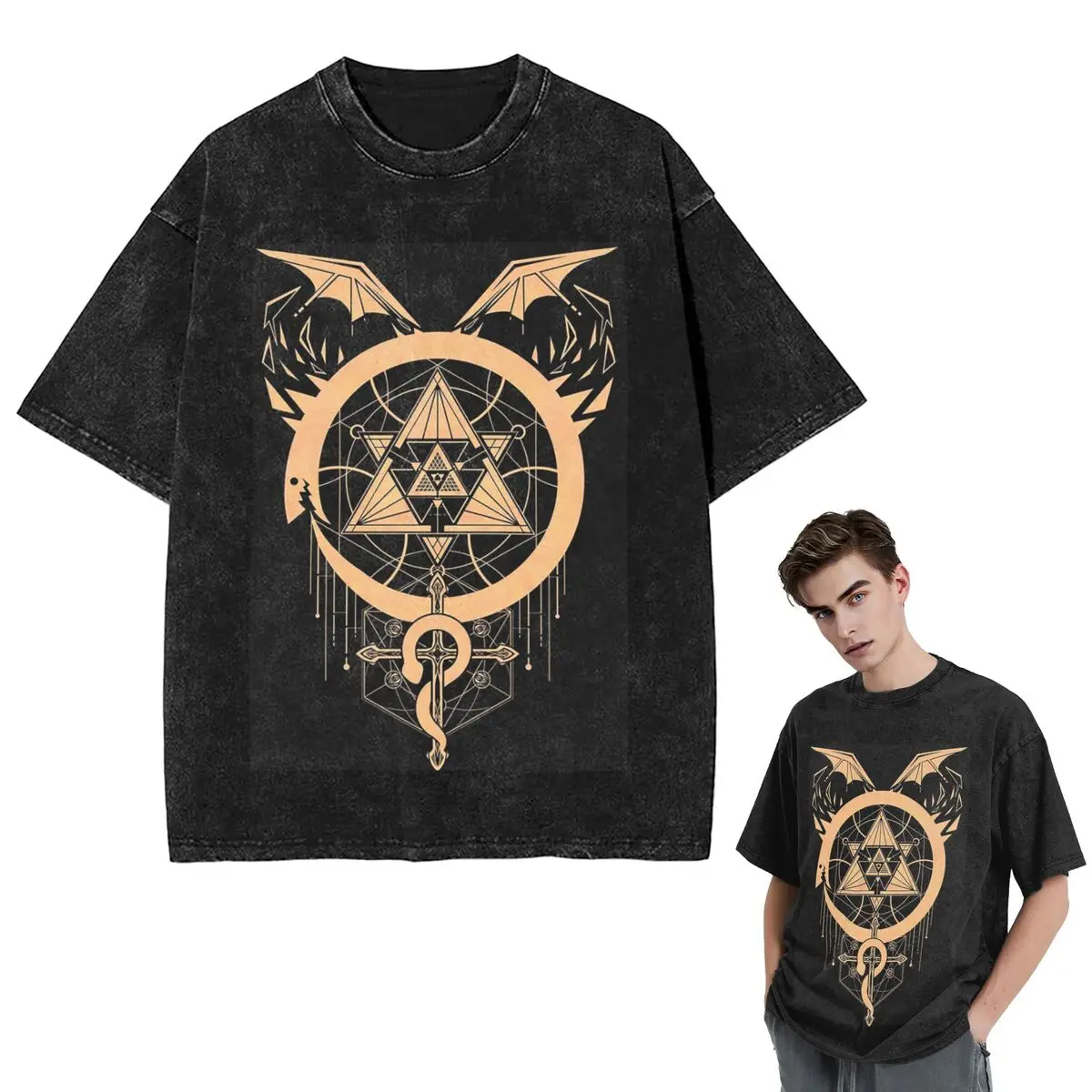 

Streetwear T-Shirts Gilded Snakes Of Alchemy Washed T Shirt Short Sleeve Hip Hop T-Shirt Tops Tees for Men Women