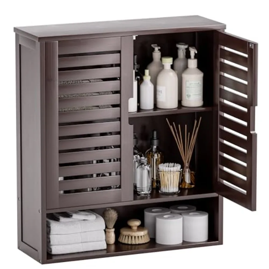 

Навесной бамбуковый шкаф для ванной над унитазом с 2 дверцами и регулируемыми полками, темно-коричневый, для экономии места при хранении вещей