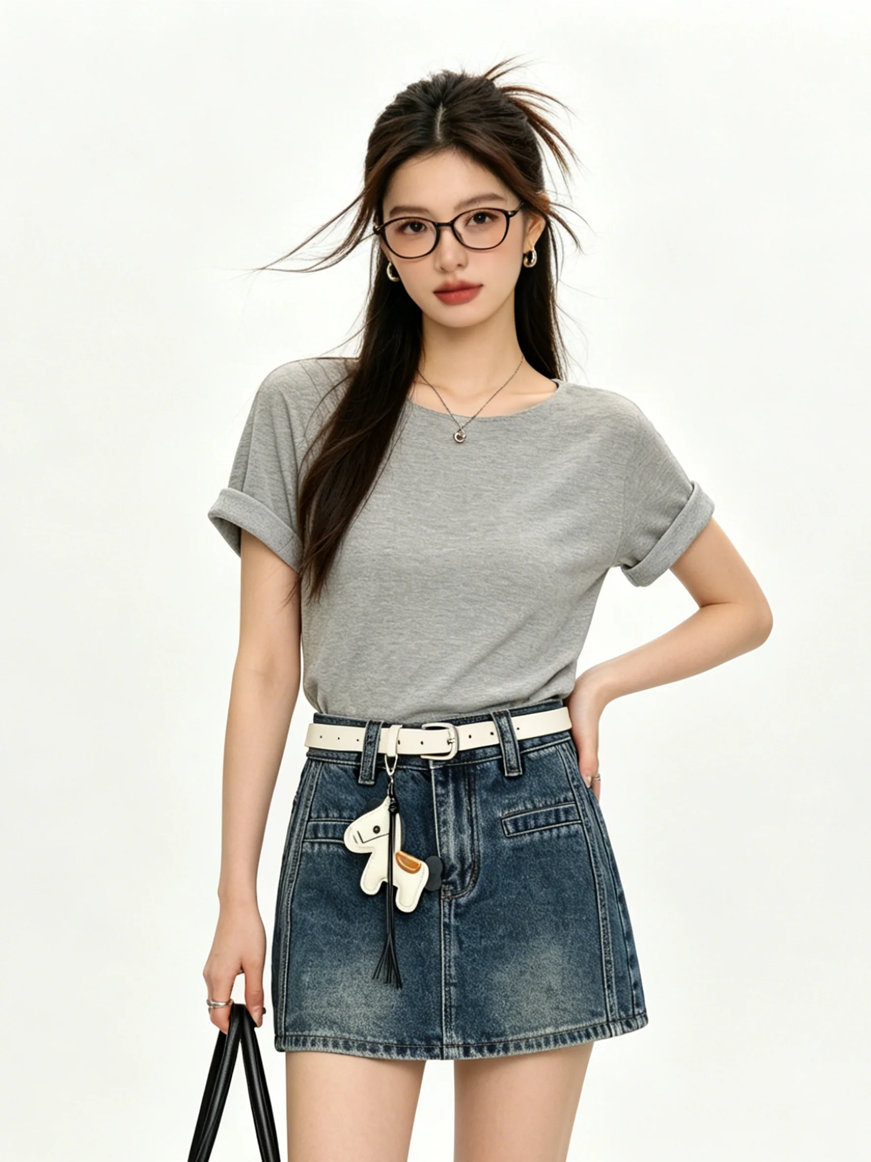 

Washed Blue High Waist A-Line Skirt Korean Style Slimming Short Denim Skirt Summer Season Ladies Fashion Half Body Skirt
