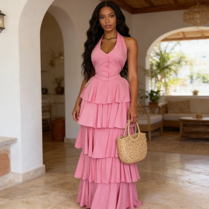 

Women Two Piece Sets Dress Set Halter V Neck Vestidos Long Cake Skirts A Line Button Up Y2K Evening Lace-up Skirts 2026 Spring