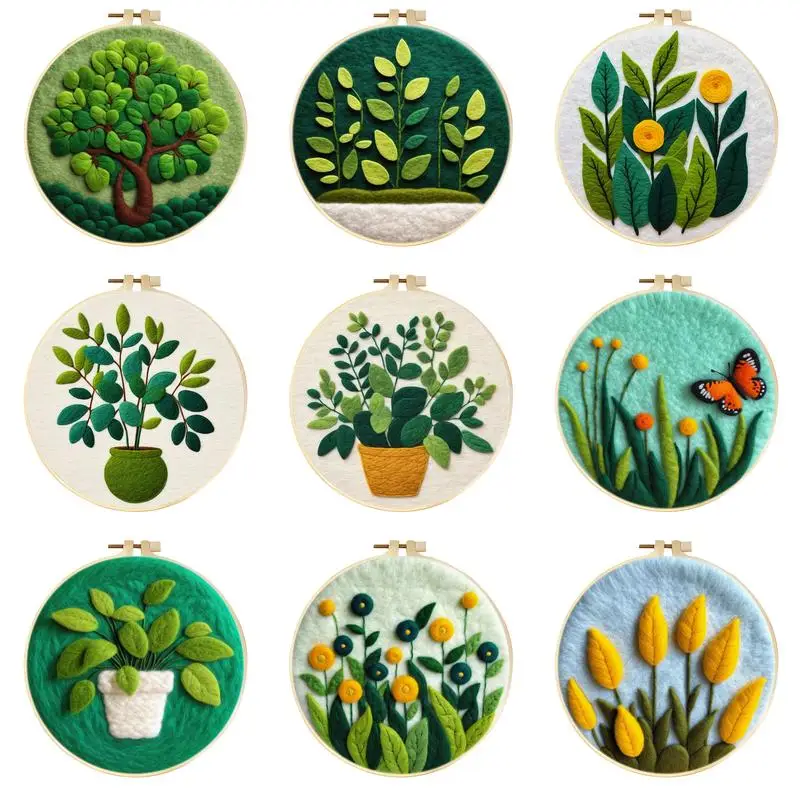 RUOPOTY Diy Creative Making Wool Felt Kit Green Plant Diy Craft Supplies Embroidery Frame Needle Felting Kit Painting Needlework