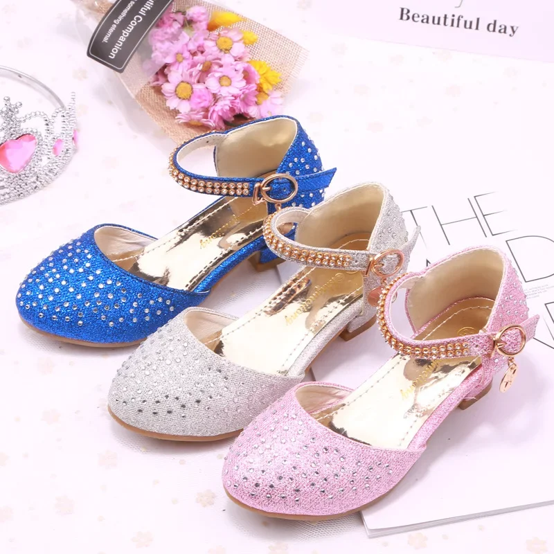 Kids Leather Shoes for Girls Knot Banquet Party Children High Heel Shoe for Kids Girls Sandals Student Crystal Princess Shoes