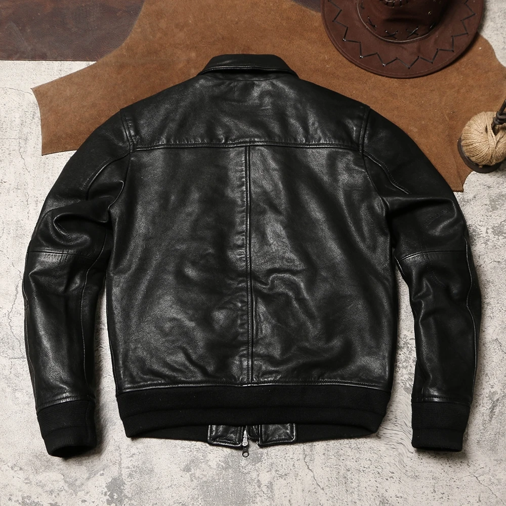 Black Autumn Pilot Leather Jacket Men Military Style Plus Size 5XL Natural Sheepskin A2 Aviation Genuine Leather Coat