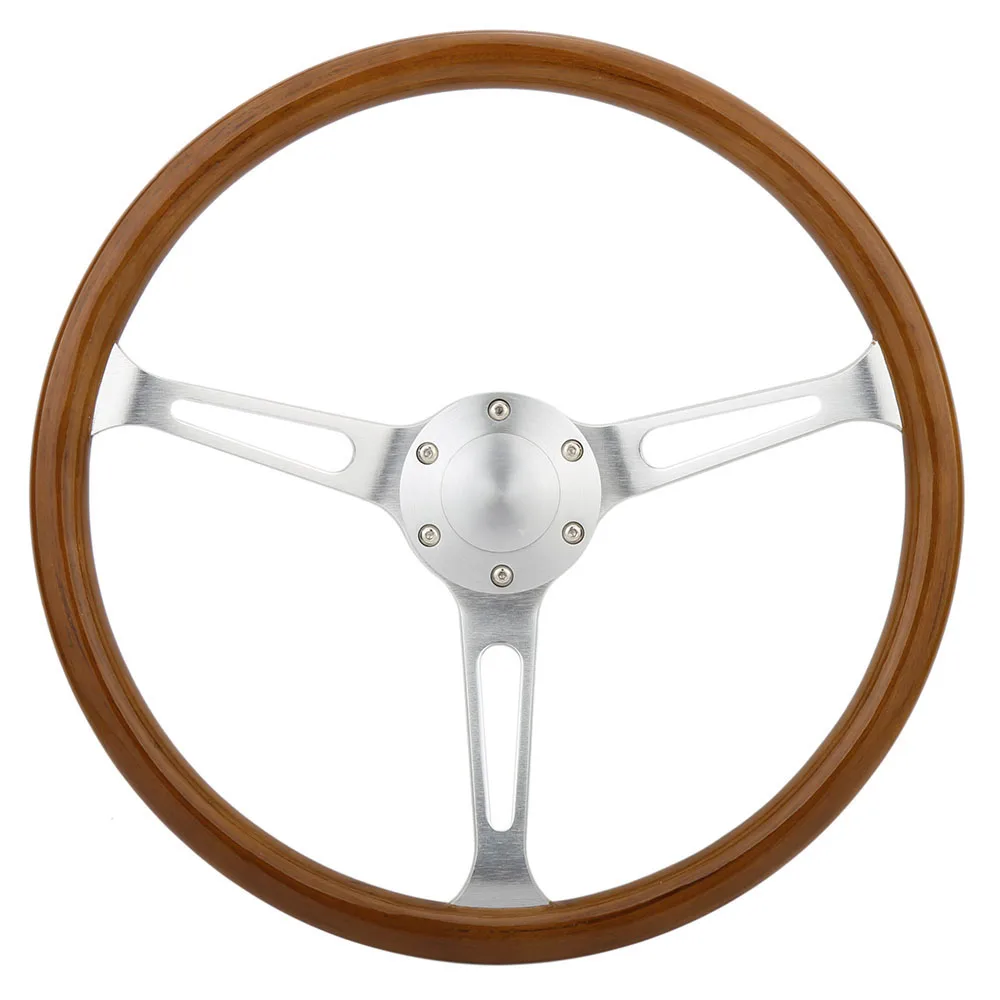 Universal 380mm 15inch Wood Grain Silver Brushed Spoke Racing Sports Car Steering Wheel