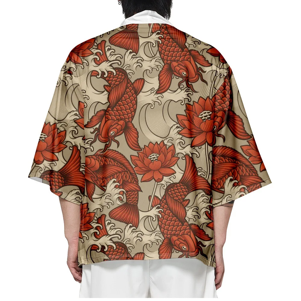 Fashion Fish Lotus Flower Print Haori Shirts Streetwear Harajuku Men Women Cardigan Tops Beach Yukata Japanese Kimono Plus Size