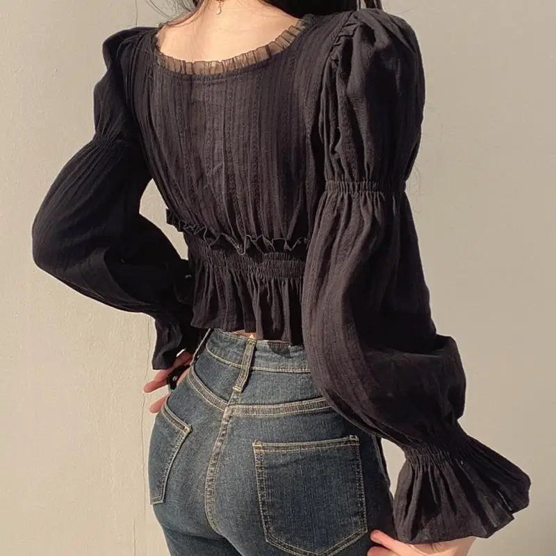 Lace Shirts and Blouses Korea Square Collar Puff Long Sleeve Top Women 2024 Autumn Fashion Blouse Ruffles Solid Ladies Clothes