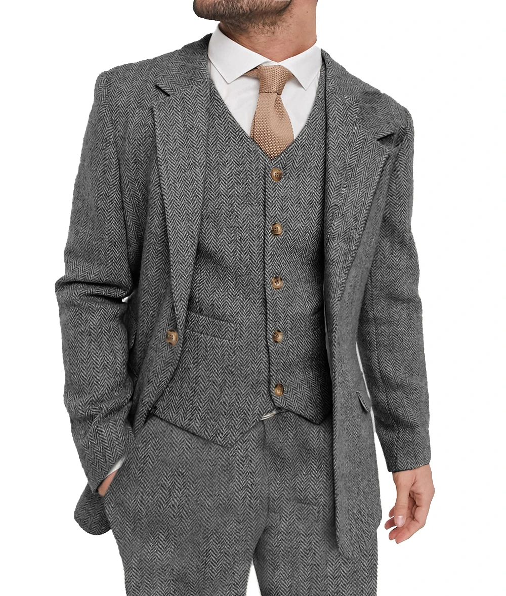 

Gray Herringbone Wool Tweed Men Suit for Winner 3 Piece Notched lapel Wedding Groomsmen Tuxedos Slim Male Suit Blazer+Vest+Pants