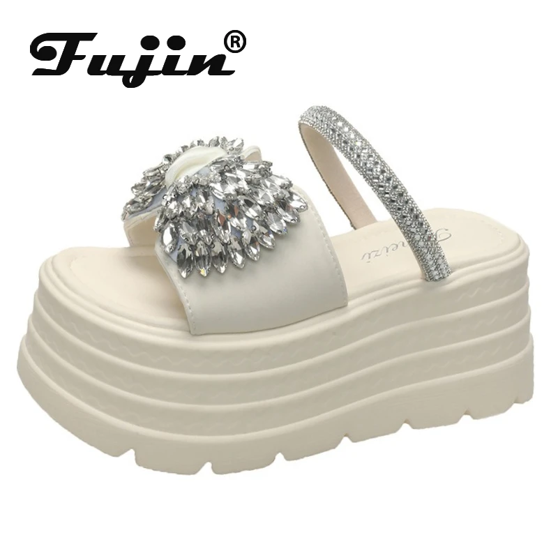 

Fujin 8 см модные тапочки из искусственной кожи из синтетической микрофибры, женские туфли с открытым носком, блестящие сандалии на платформе со стразами, туфли-лодочки на танкетке