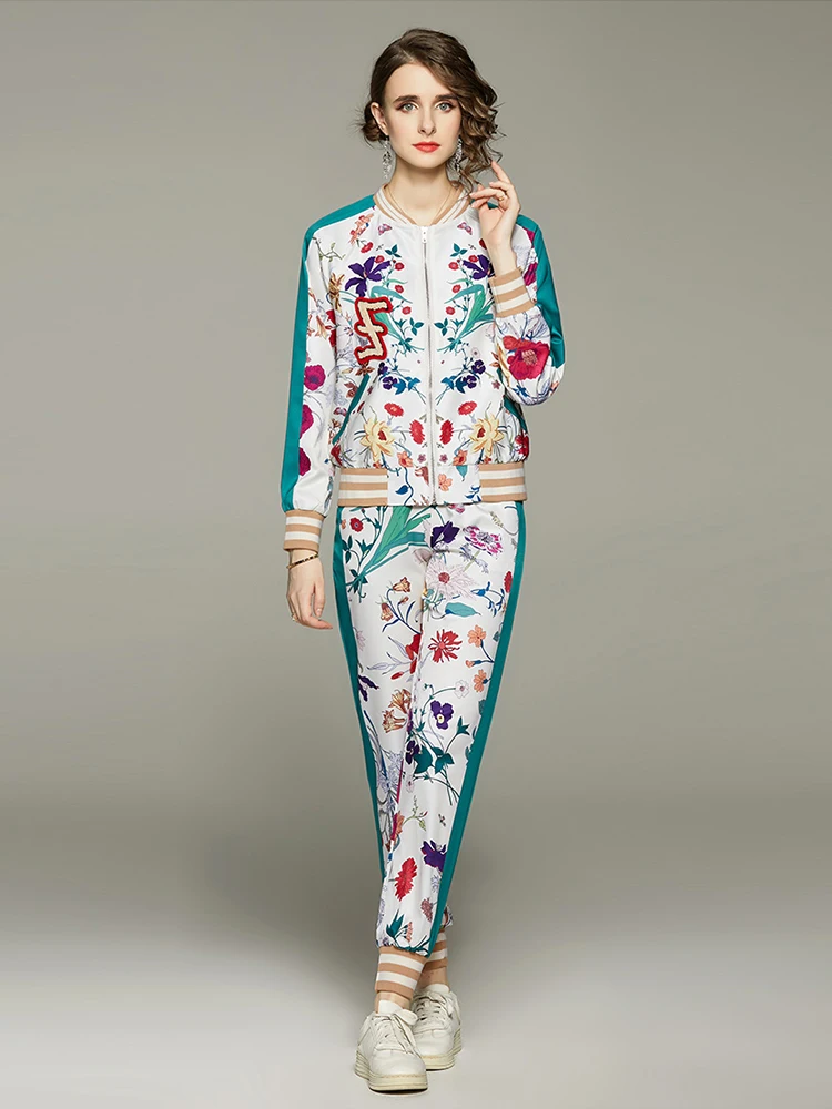 Designer Autumn Overlay Flower Print Pants Set Women Long Sleeve zipper Top＋ High Waist Long Pants Runway 2 Piece Set