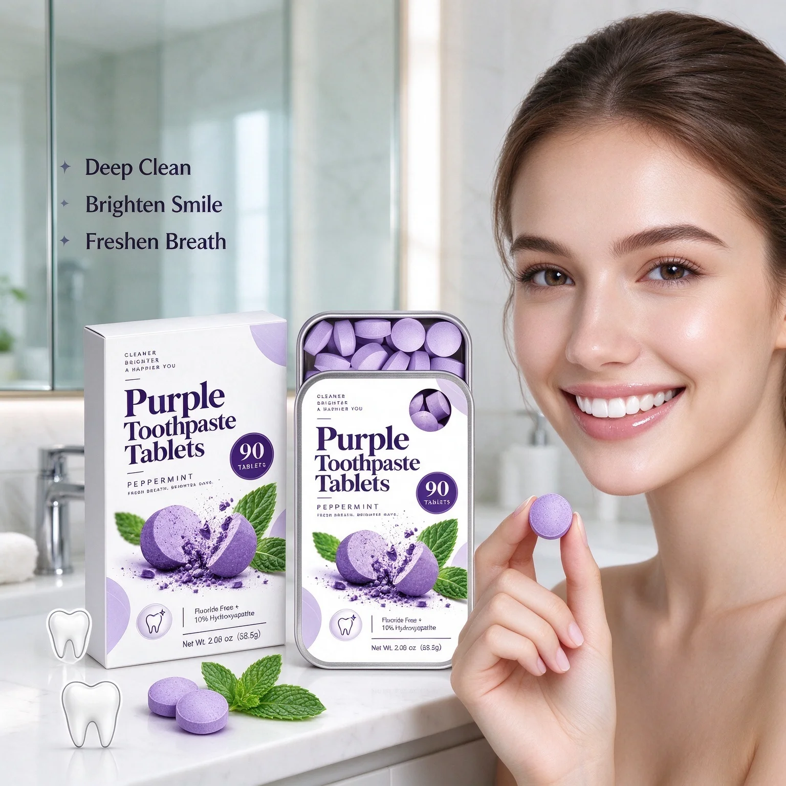 Purple Teeth Whitening Chewable Toothpaste Tablets Color Corrector Brightening Teeth Fresh Breath Travel Oral Care