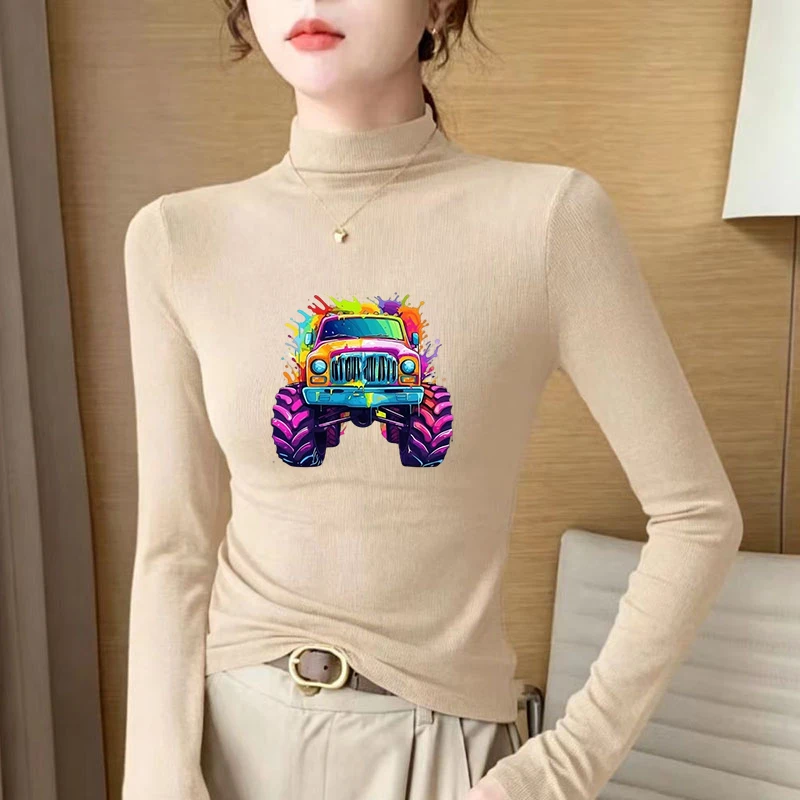 Winter Women's Thermal Brushed Fleece Half Mock Neck Long Sleeve T Shirt Truck Colorful Splash Graphic Warm Tee