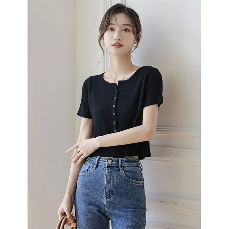 

Рубашки с коротким рукавом, женские поплиновые рубашки с воротником-стойкой, приталенные, в стиле Харадзюку, минималистичный, современный, художественный, студенческий, шикарный тренд