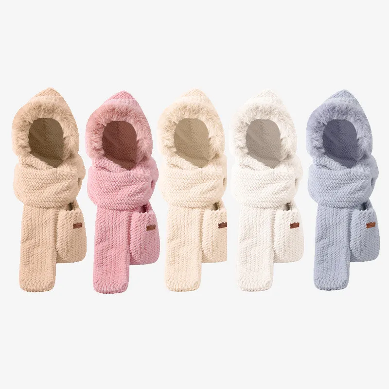 

New Women Bear Ear Winter Hat Thicken Plush Warm Windproof Cute Hooded Scarf Thick Warm Soft Ear Balaclava