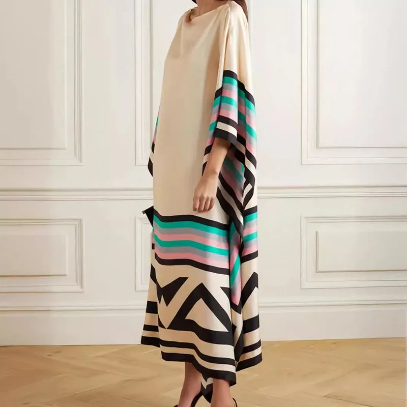 

Elegant Contrasting Color Maxi Dress Casual O Neck Striped Printed Long Dress New 2024 Fashion Batwing Sleeve Loose Office Dress