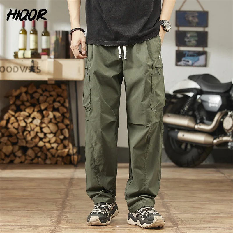 Hiqor-Calça casual masculina com bolsos múltiplos, calça larga Y2K, calça fina, caminhada ao ar livre, streetwear treino, marca, verão