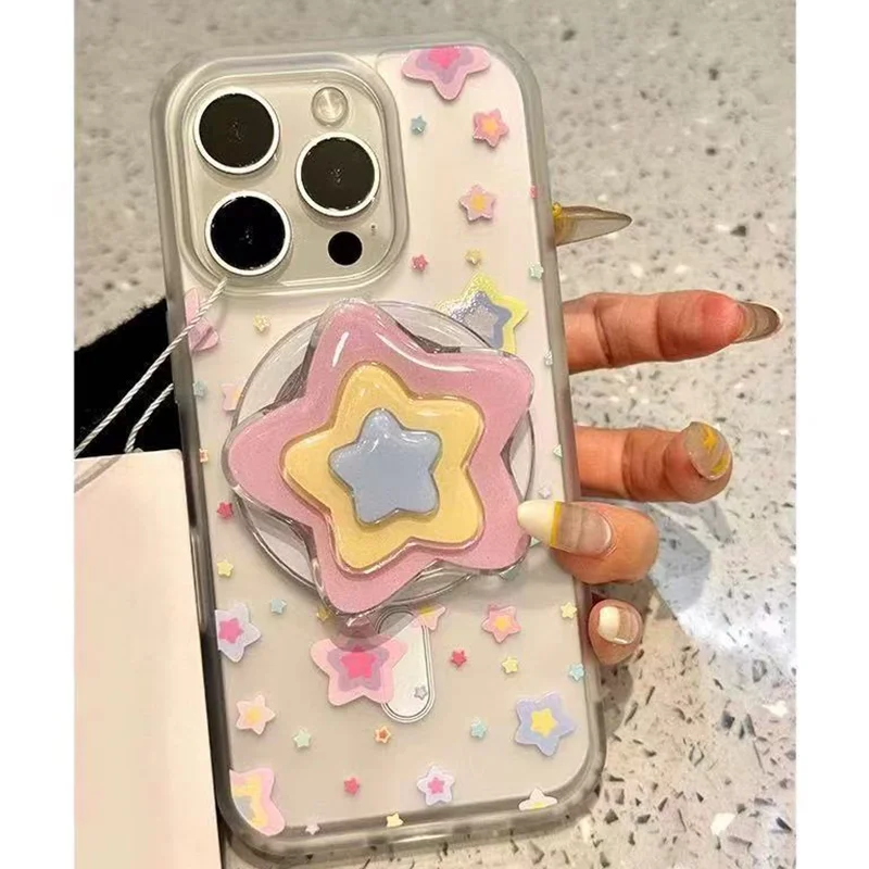 

Магнитный чехол для телефона для iPhone 16, 15, 14, 13, 12, 11 X XS XR Pro Max Plus INS, прозрачный защитный чехол с цветным звездным принтом и держателем