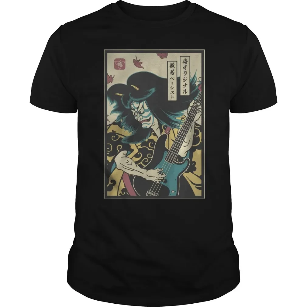 Funny Japanese Ukiyoe Samurai Hanya Rock Guitar Bassist T-Shirt 100% Cotton O-Neck Short Sleeve Casual Mens T-shirt Size S-3XL