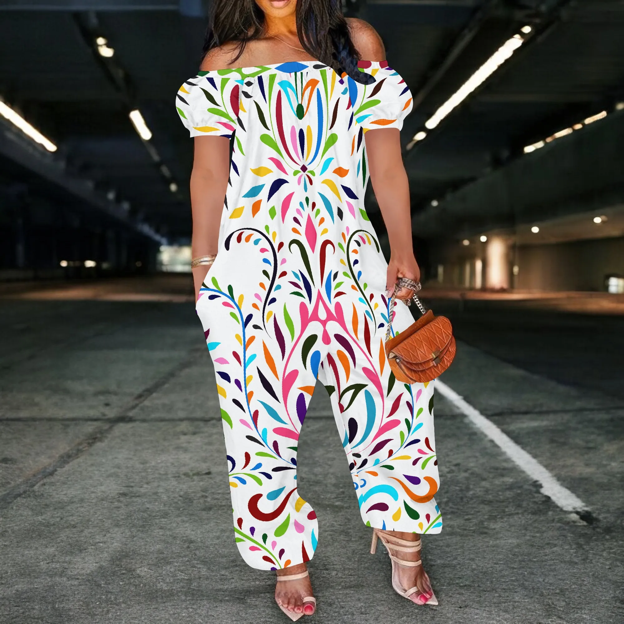 Women Plus Size One Piece Outfits Leopard Print Off Shoulder Short Sleeve Loose Long Pants Jumpsuits