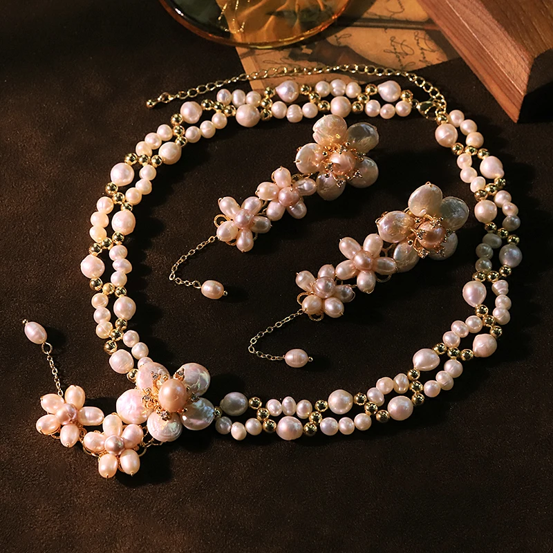 Natural Pearl Flower Necklace and Earrings Set Luxurious Design High-Quality Set for Banquet Wedding Women's Jewelry GS0227 view 2