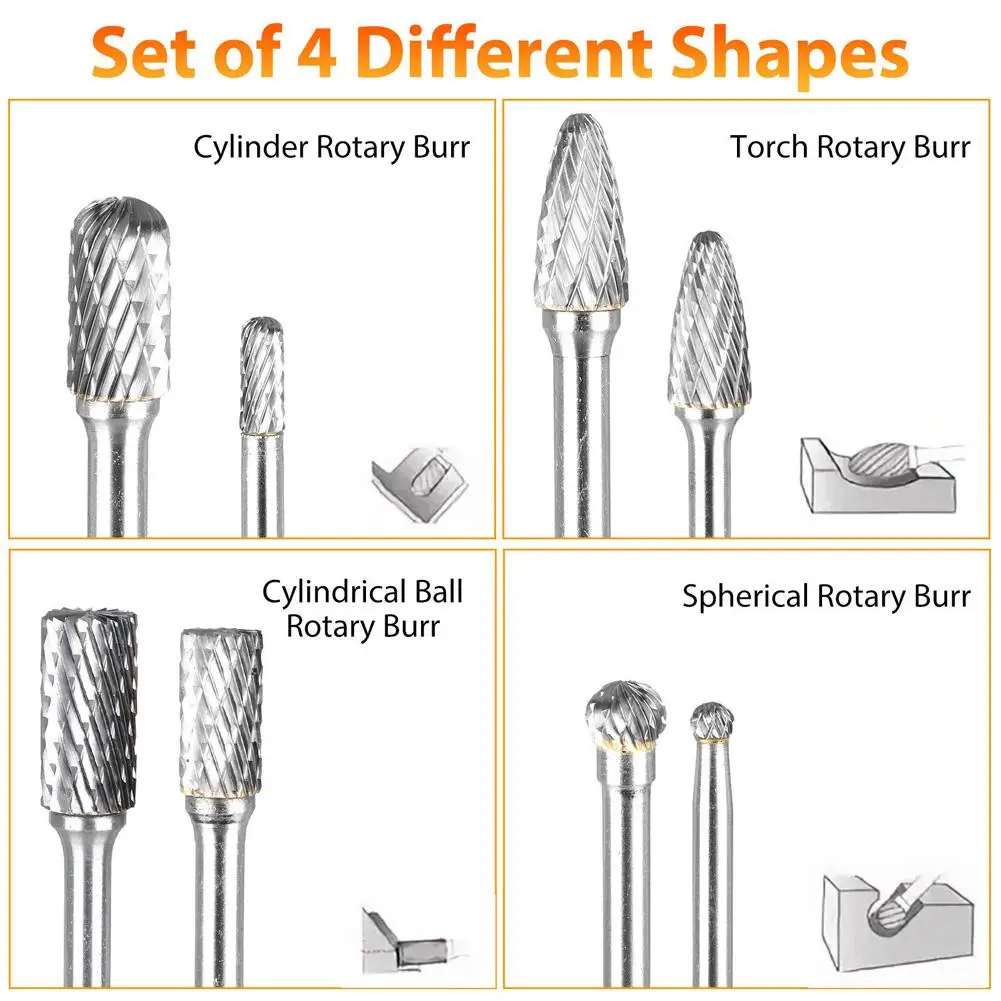 Shank carboneto de tungstênio Rotary Files, Burr Drill Bits, CNC gravura, 8mm, Carpintaria, gravura, perfuração, escultura, 1/4"