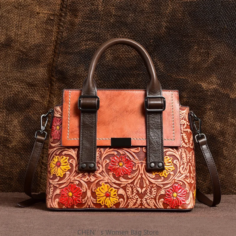

Floral Real Cow Leather Handbag Woman Vintage Ladies Genuine Leather Tote Bag 2025 New 3D Flower Shoulder or Crossbody Bags