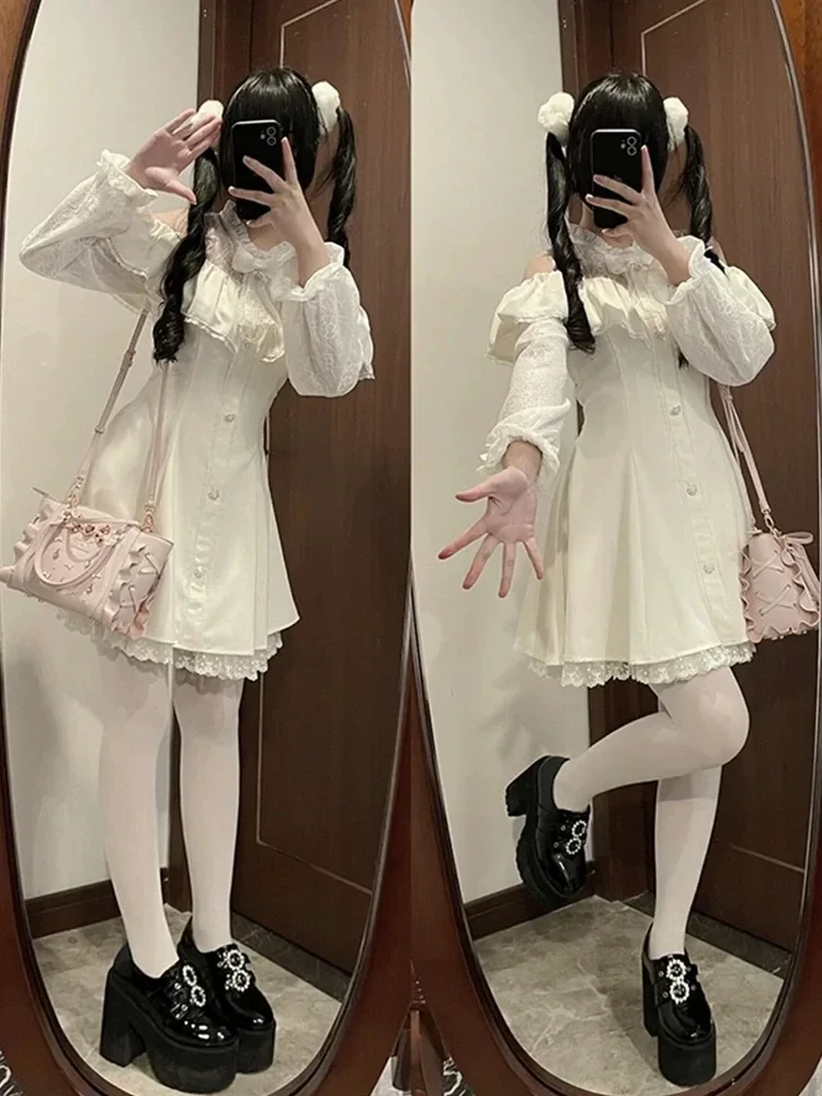 Japanese Mine Style Lace Splicing Bow Stand Collar Off-shoulder Long Sleeve Single-breasted Slim Sweet Lolita Short Dress Women