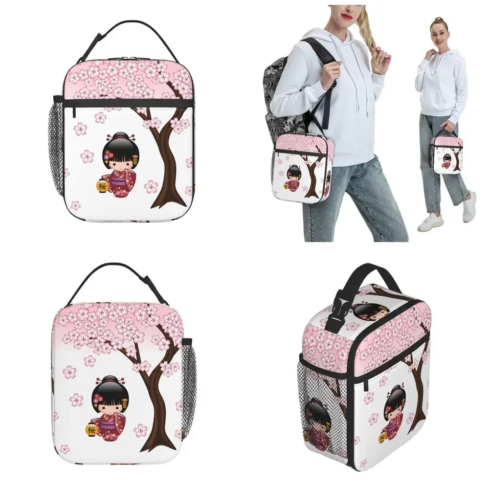 Kokeshi Doll Red Black White Cherry Blossoms Insulated Lunch Bag Japanese Girl Art Food Box Cooler Thermal Lunch Box School