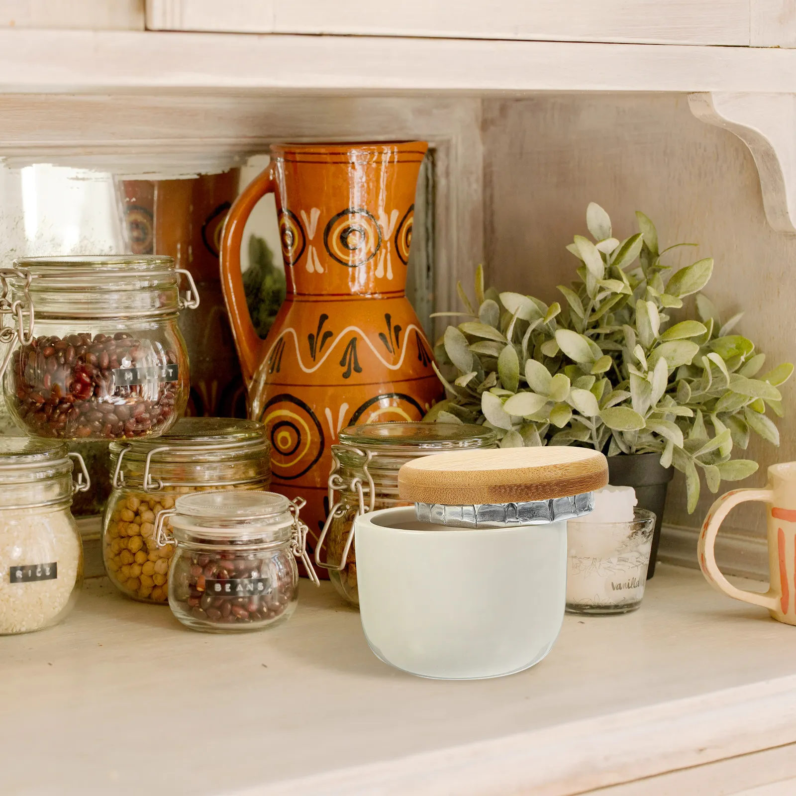 2Pcs Fine Crafted Ceramic Tea Canister Bamboo Top Airtight Storage Jar Ideal for Tea Coffee Grains Spices Nuts Dried Fruits