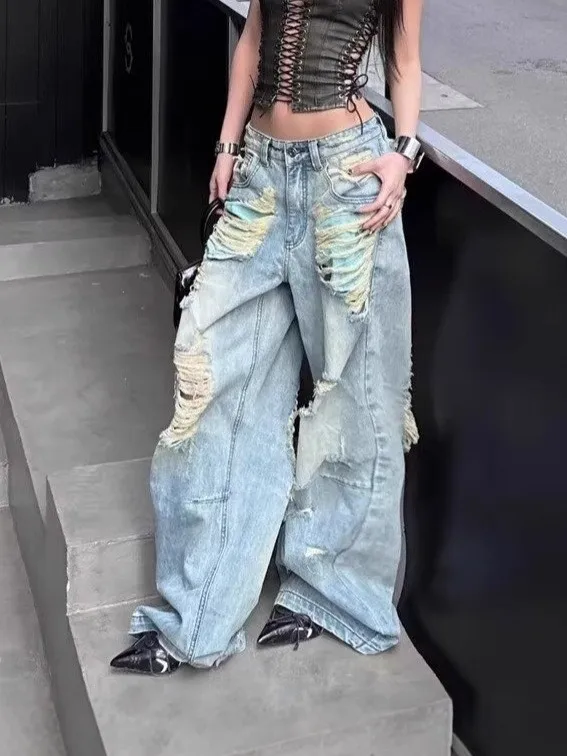 

GG American Street Style Low Waist Wide Leg Jeans Men Women Spring Summer Loose Drapey Tall Extended Length Poor Boy Pants