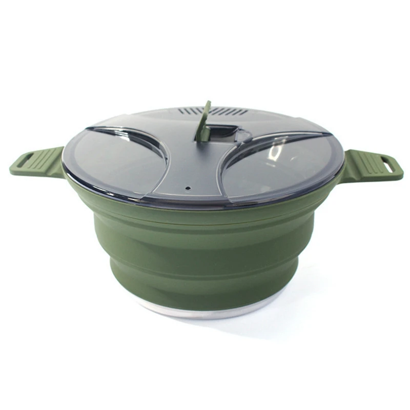 1 PCS Outdoor Folding Pot Silicone Hiking Cooking Pot Stainless Steel Camping Cooker ,Khaki