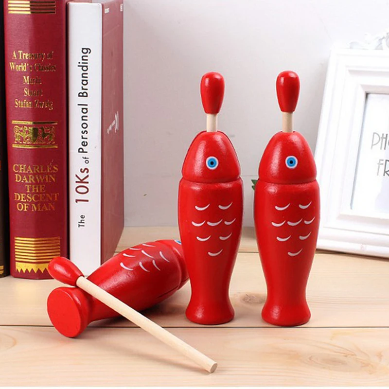 Drewniany instrument perkusyjny Orff sprzęt muzyczny pojedyncza rurka dźwiękowa dwukolorowa blokada drewna czerwona drewniana ryba zabawki muzyczne dla dzieci