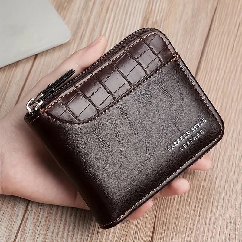 Nueva cartera corta con cremallera para hombre, monedero de lujo con bolsillo para monedas, monedero Retro de retazos para hombre, tarjetero de identificación de calidad, cartera con patrón de piedra para hombre